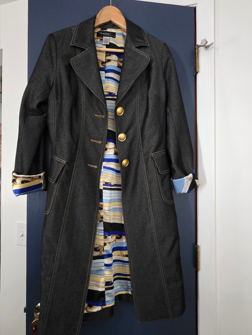 Denim Women's Long Coat with Gold Buttons And Gorgeous Tan And Blue Satin Lining